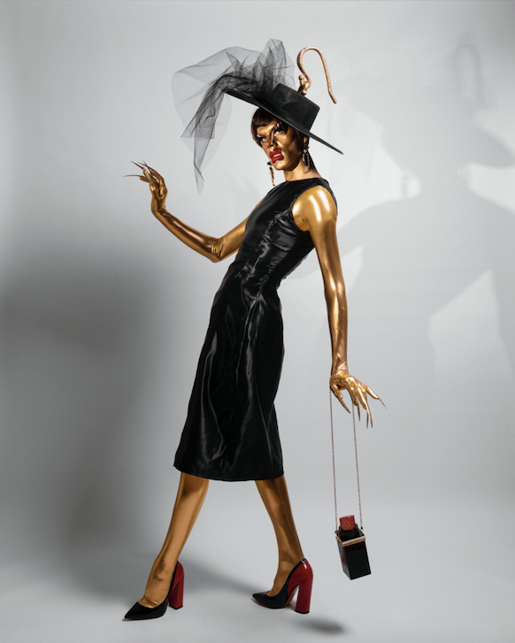 Utica Queen’s Little Black Dress Earrings Look (Full Body) Fine Art Print